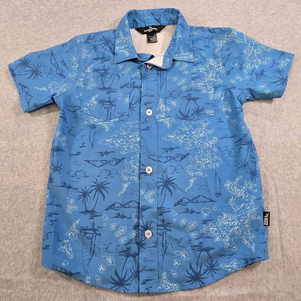 Eddie Bauer Kids Blue Tropical Island Map Short Sleeve Button Down Shirt Size 6